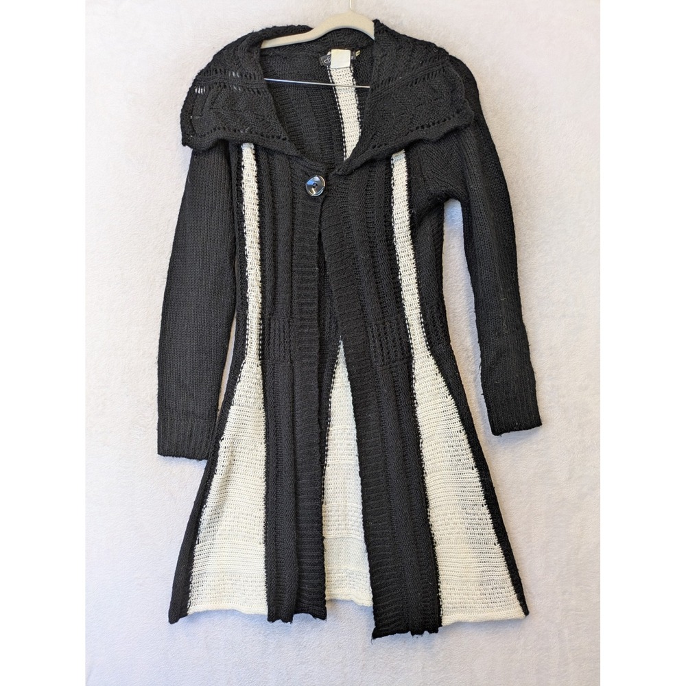 Black & Cream Long Knit Hooded Cardigan Sweater